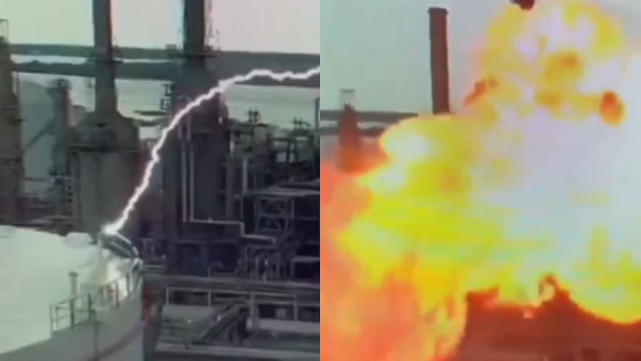 VÍDEO: Trasciende momento en que rayo provoca explosión en planta de petróleo
