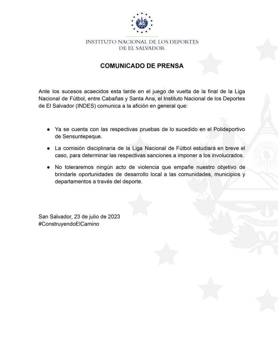 Comunicado que emitió el INDES con respecto a la pelea. Foto: Redes sociales