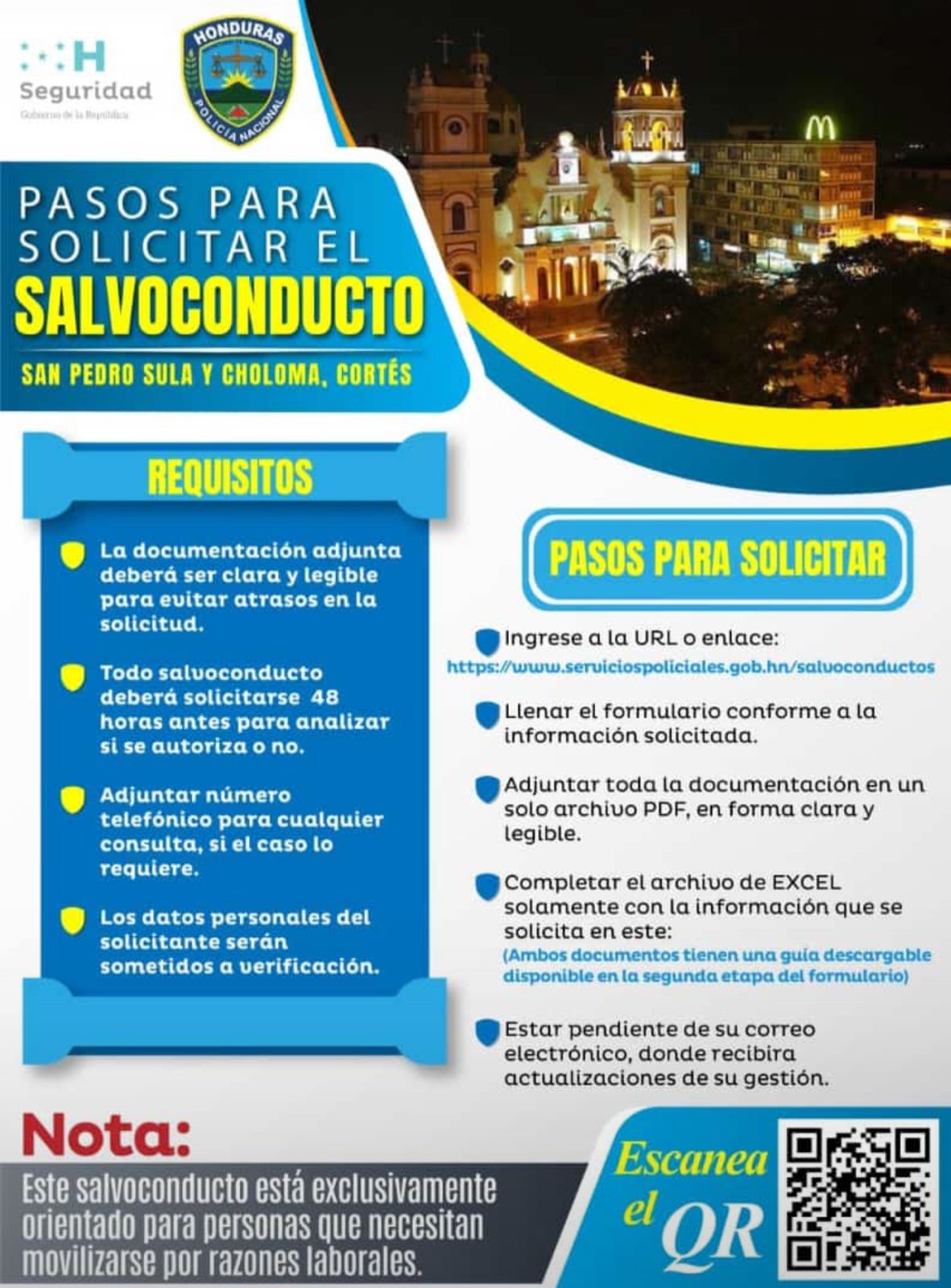 Comunicado de la Policía Nacional de Honduras, donde establece lo requerido para solicitar el salvoconducto. Foto: Cortesía