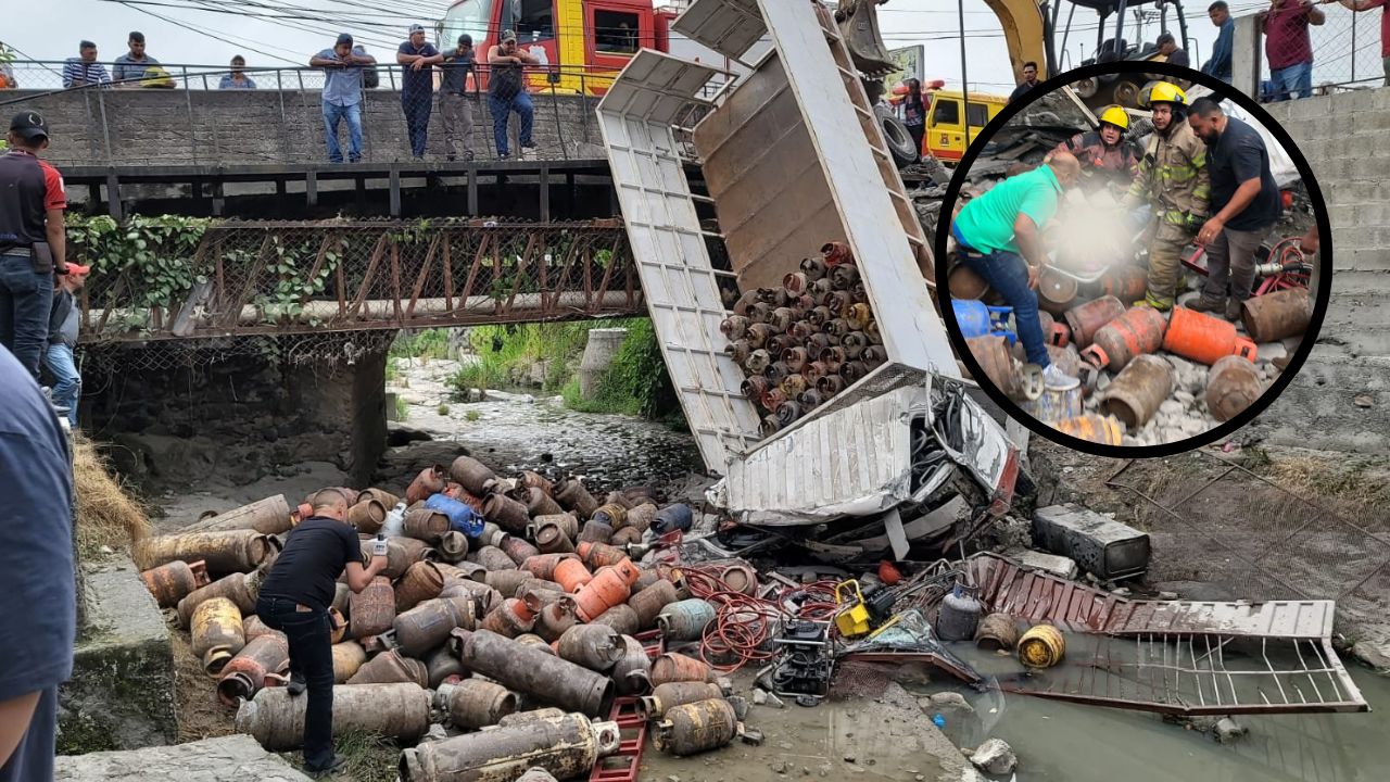 Camión con chimbos de gas se accidenta en una quebrada en Copán; hay un muerto y tres heridos