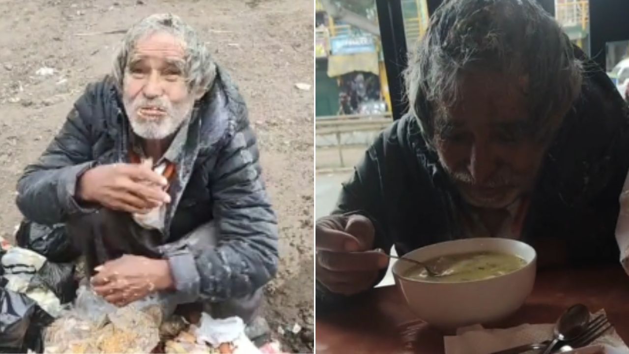 VIDEO: Indigente comía basura en la calle y hombre lo invita a almorzar