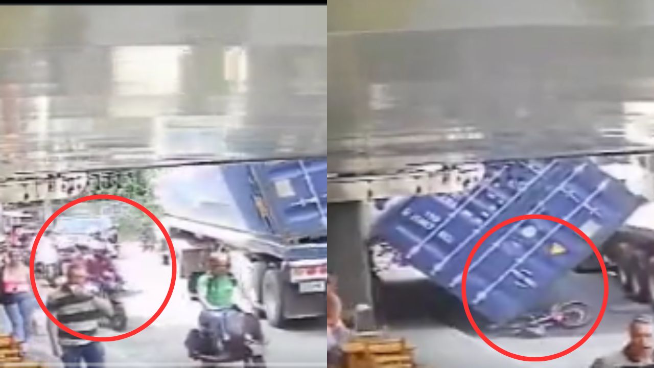 VÍDEO: Motociclistas se salvan de morir al caer un contenedor cerca de ellos en Colombia
