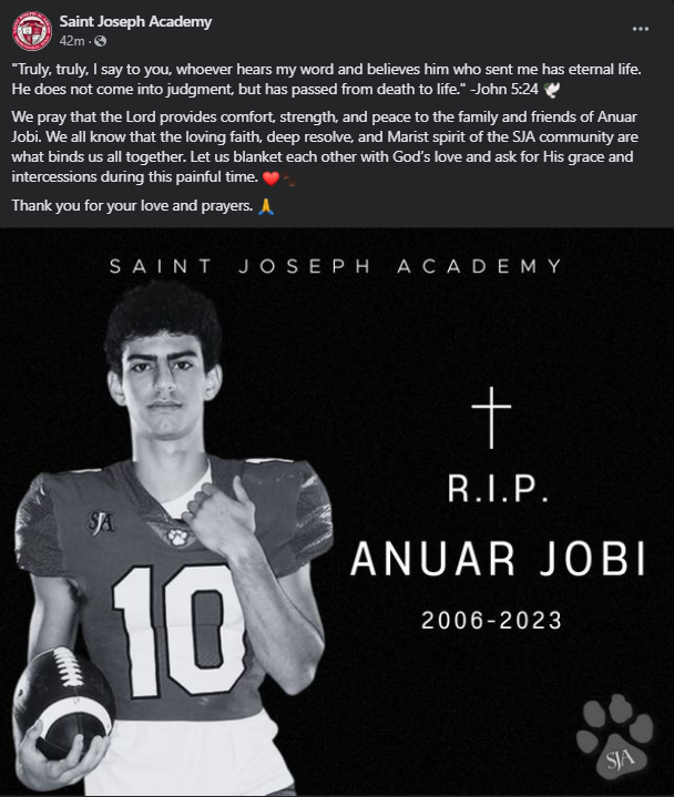 Comunicado de la Academia Saint Joseph por el fallacimiento de Anuar Jobi. Foto: Redes sociales