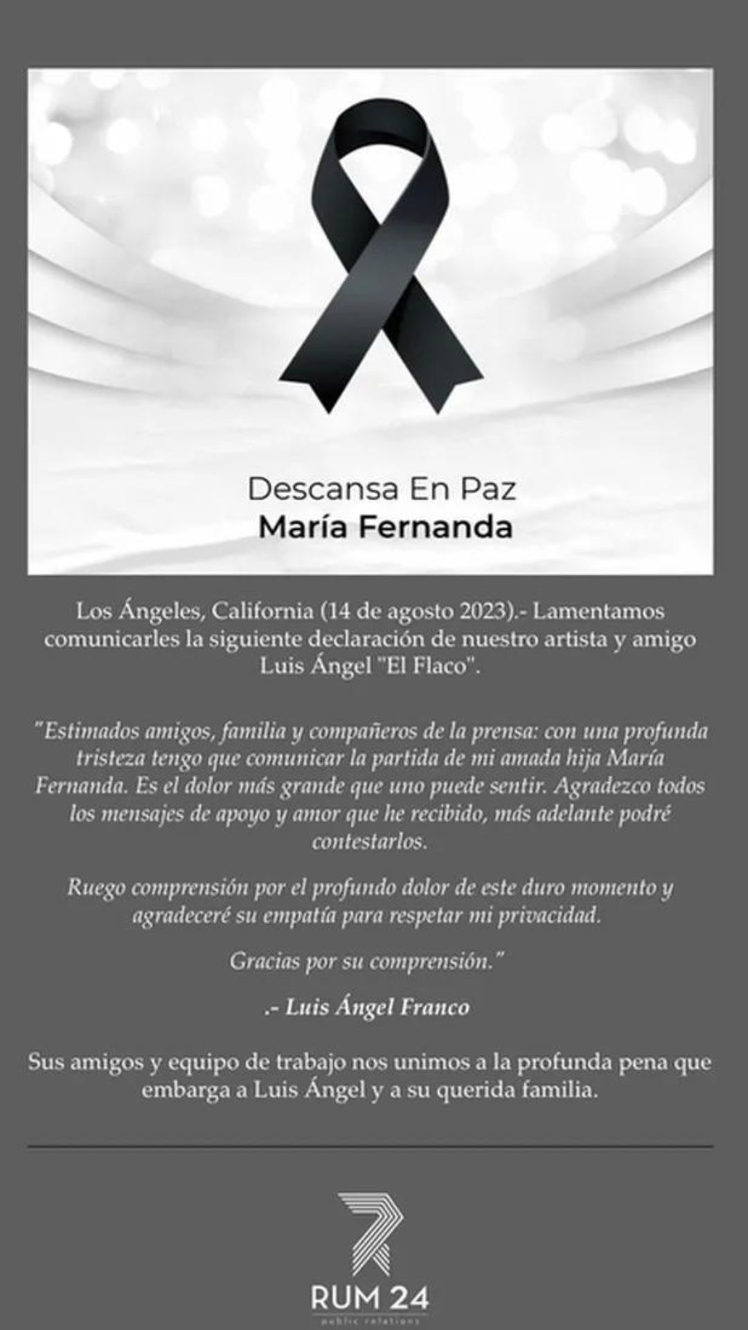 Comunicado de Luis Ángel el Flaco sobre la muerte de su hija. Foto: Redes sociales