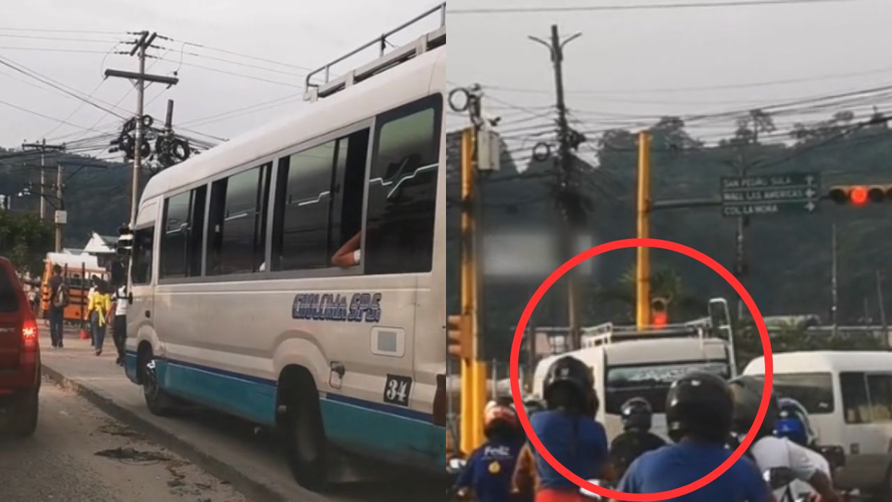 VÍDEO: Conductor de bus 'rapidito' se cruza sobre la acera y se pasa semáforo en rojo en el norte de Honduras