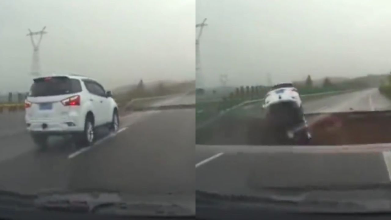 VÍDEO: Conductor cae en una grieta provocada por lluvias en China