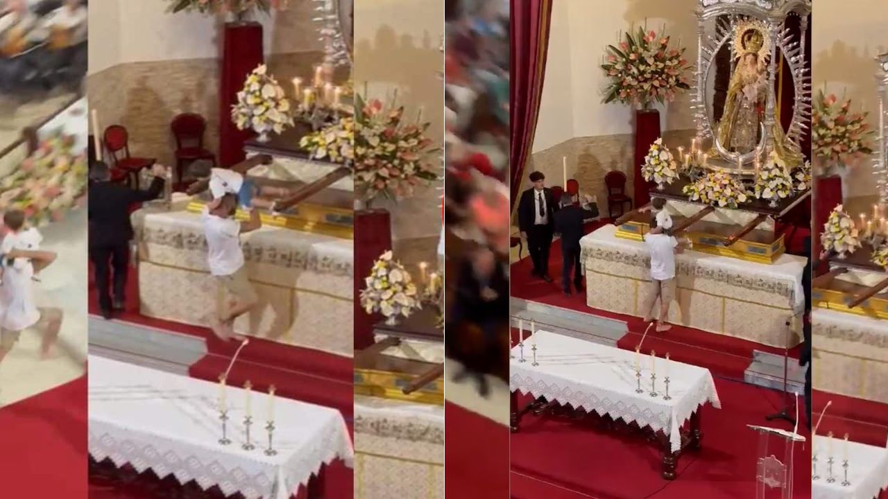 VIDEO: Hombre interrumpe misa para subir a un niño junto a altar de la Virgen