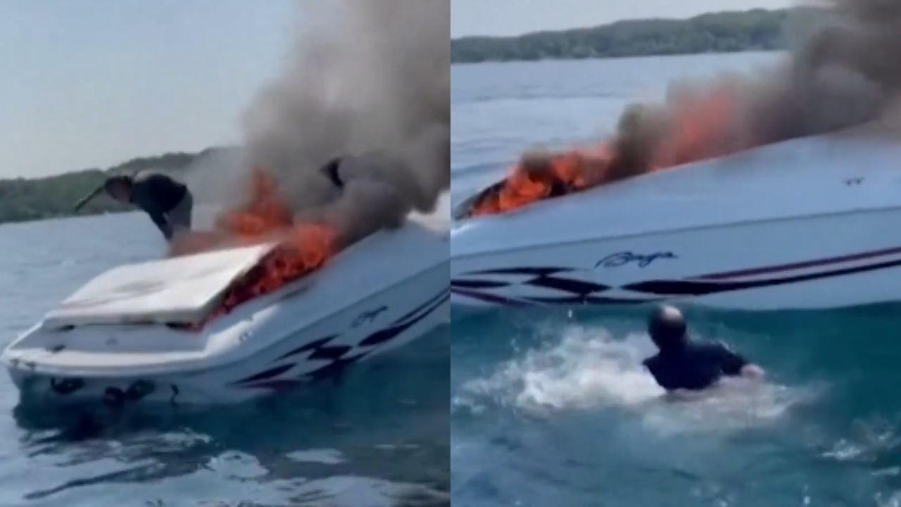 VÍDEO: Dos personas sobreviven al lanzarse al agua desde una lancha que se incendiaba