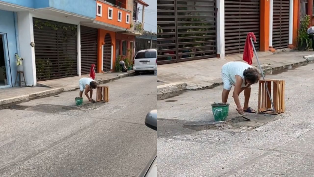 'Un gran ejemplo': Señora tapa bache que estaba frente a su casa