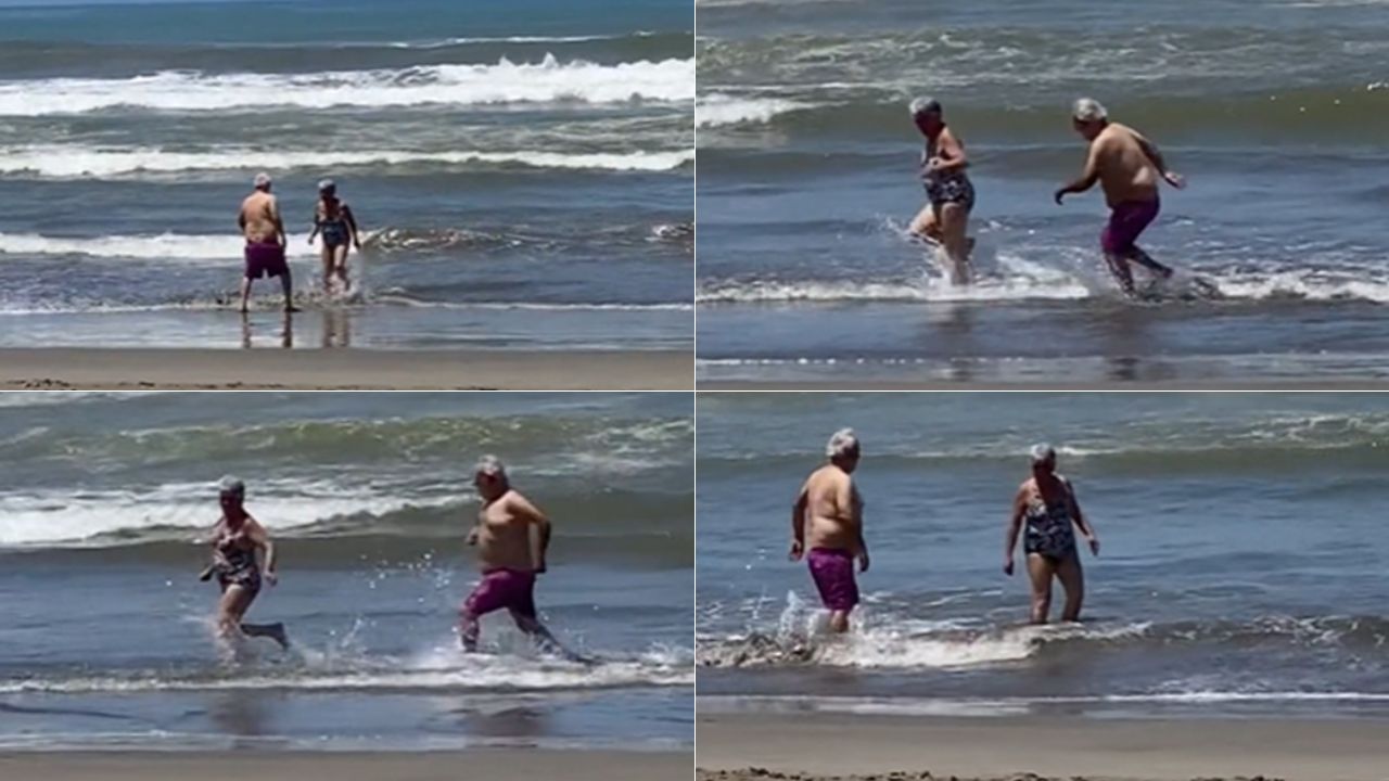 'Hasta que la muerte nos separe': Pareja de abuelitos jugando en la playa inspira a los jóvenes