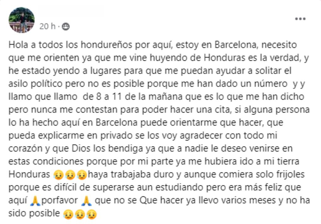 Publicación del hondureño que pidió ayuda para solicitar el asilo político en España. Foto: Redes sociales