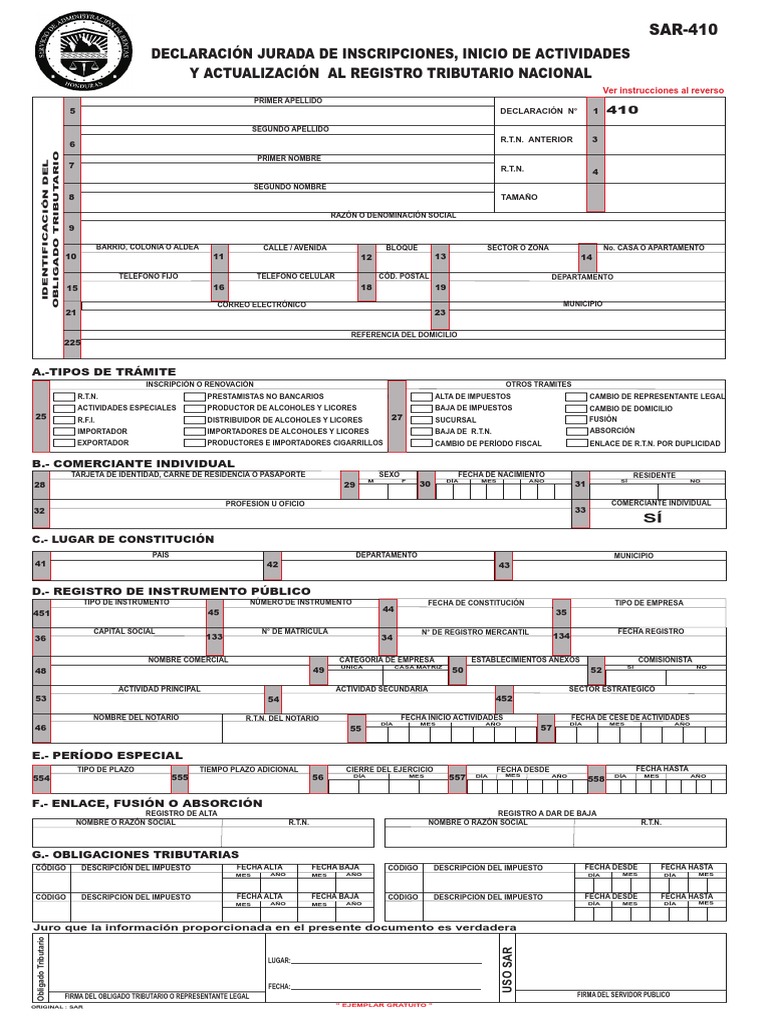 Formulario que debes llenar del RTN. Foto: SAR