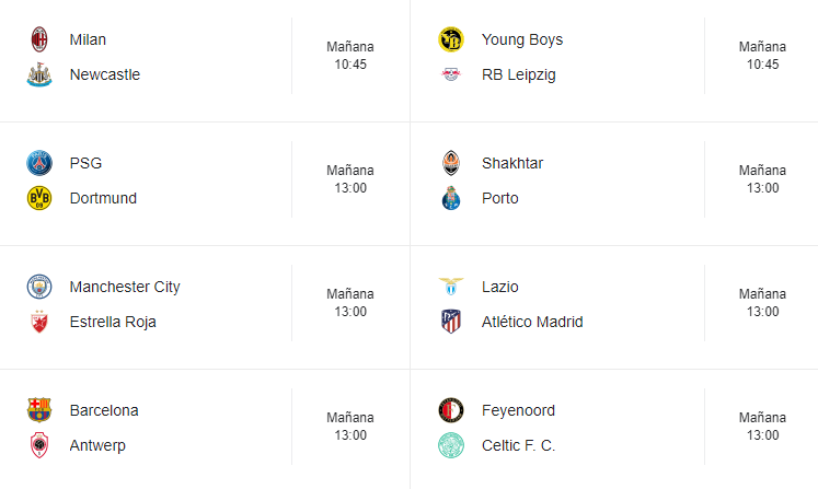 Partidos de la UEFA Champions League de este martes por la jornada 1. Foto: Google