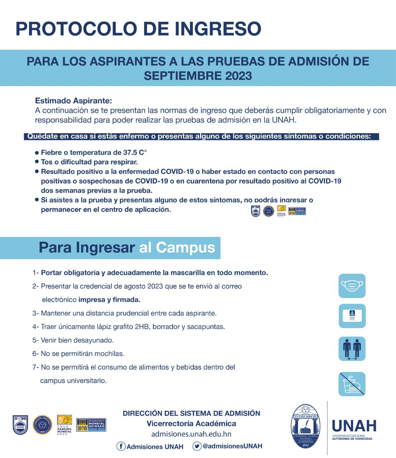 Protocolo de ingreso para el examen de admisión. Foto: UNAH