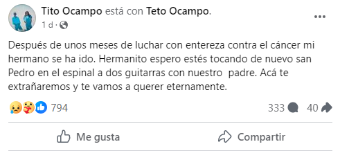 Tito sobre la muerte de su hermano Teto Ocampo. Foto: Redes sociales