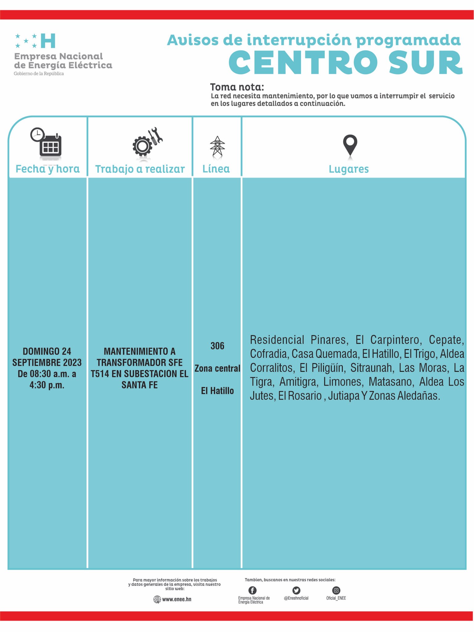 Cortes de energía programados en Tegucigalpa este domingo 24 de septiembre. Foto: CND