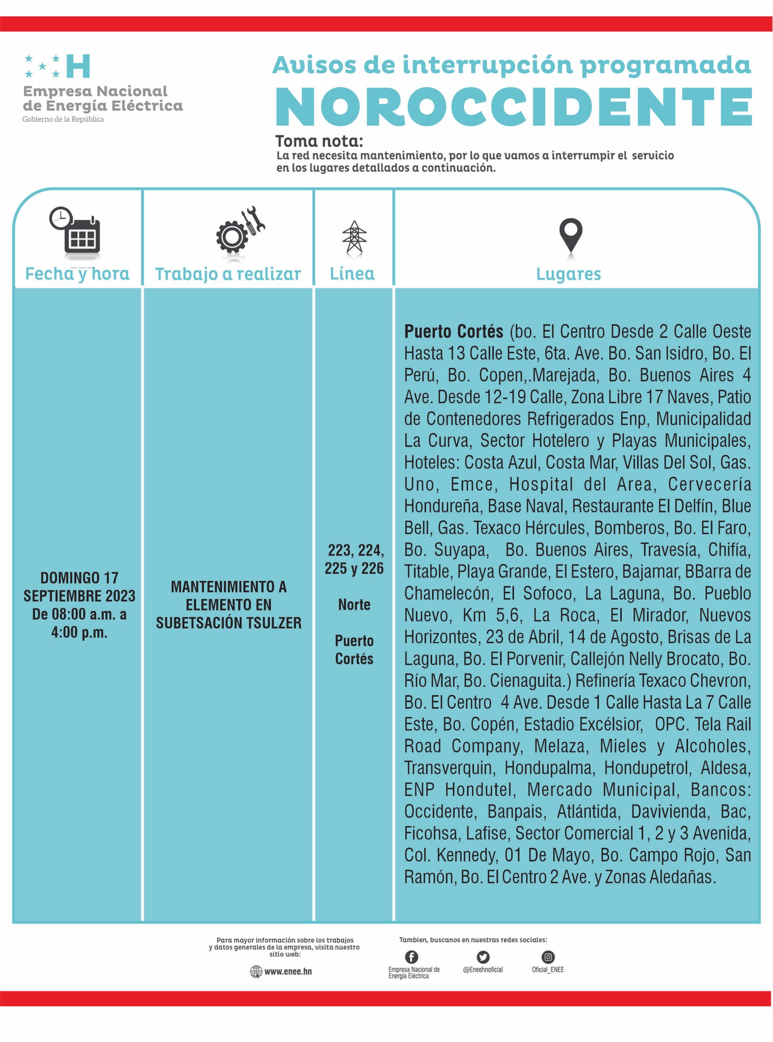 Primeros cortes de energía programados para este domingo. Foto: CND