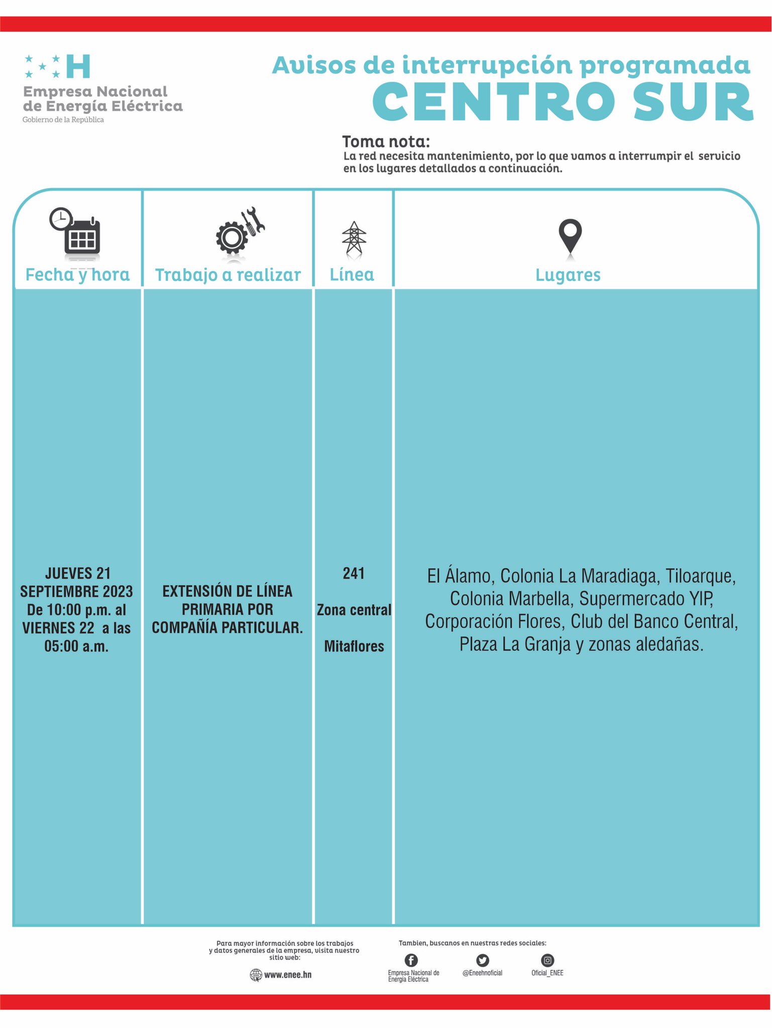 Cortes de energía programados para este jueves 21 de septiembre. Foto: CND