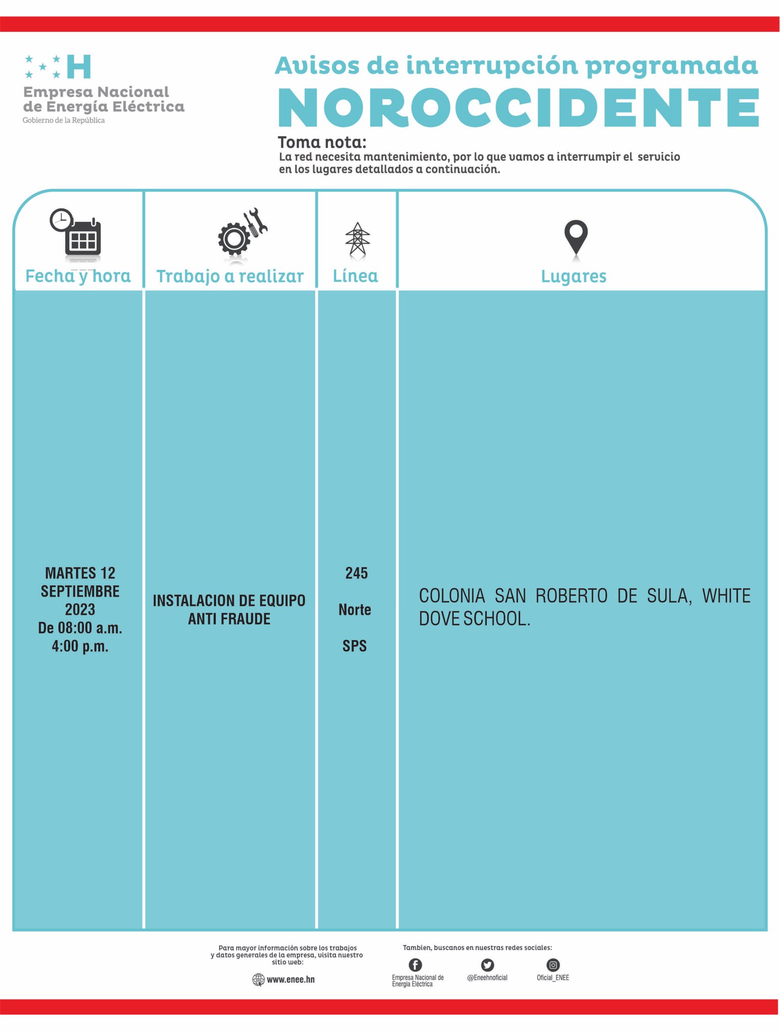 Cortes de energía programados para este martes 12 de septiembre. Foto: CND