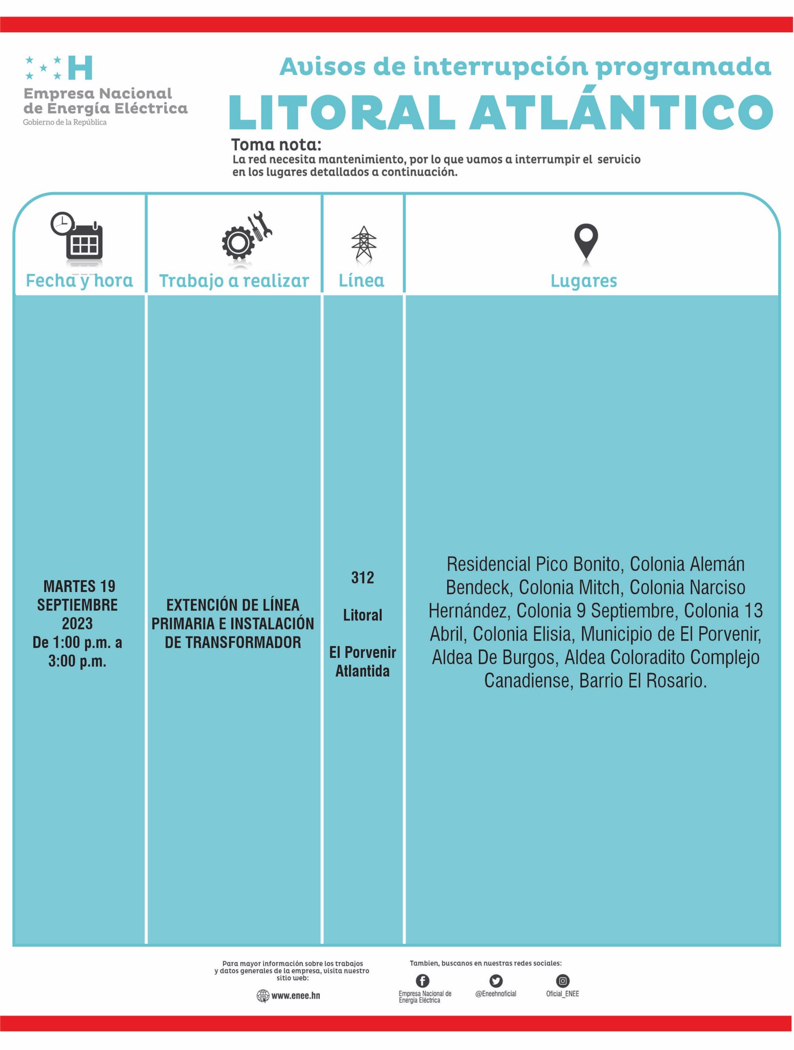 Cortes de energía programados para este martes 19 de septiembre. Foto: CND