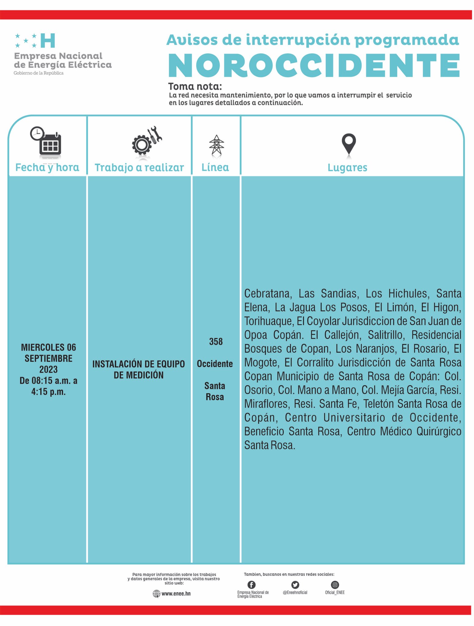 Cortes de energía programados para este miércoles 6 de septiembre. Foto: CND
