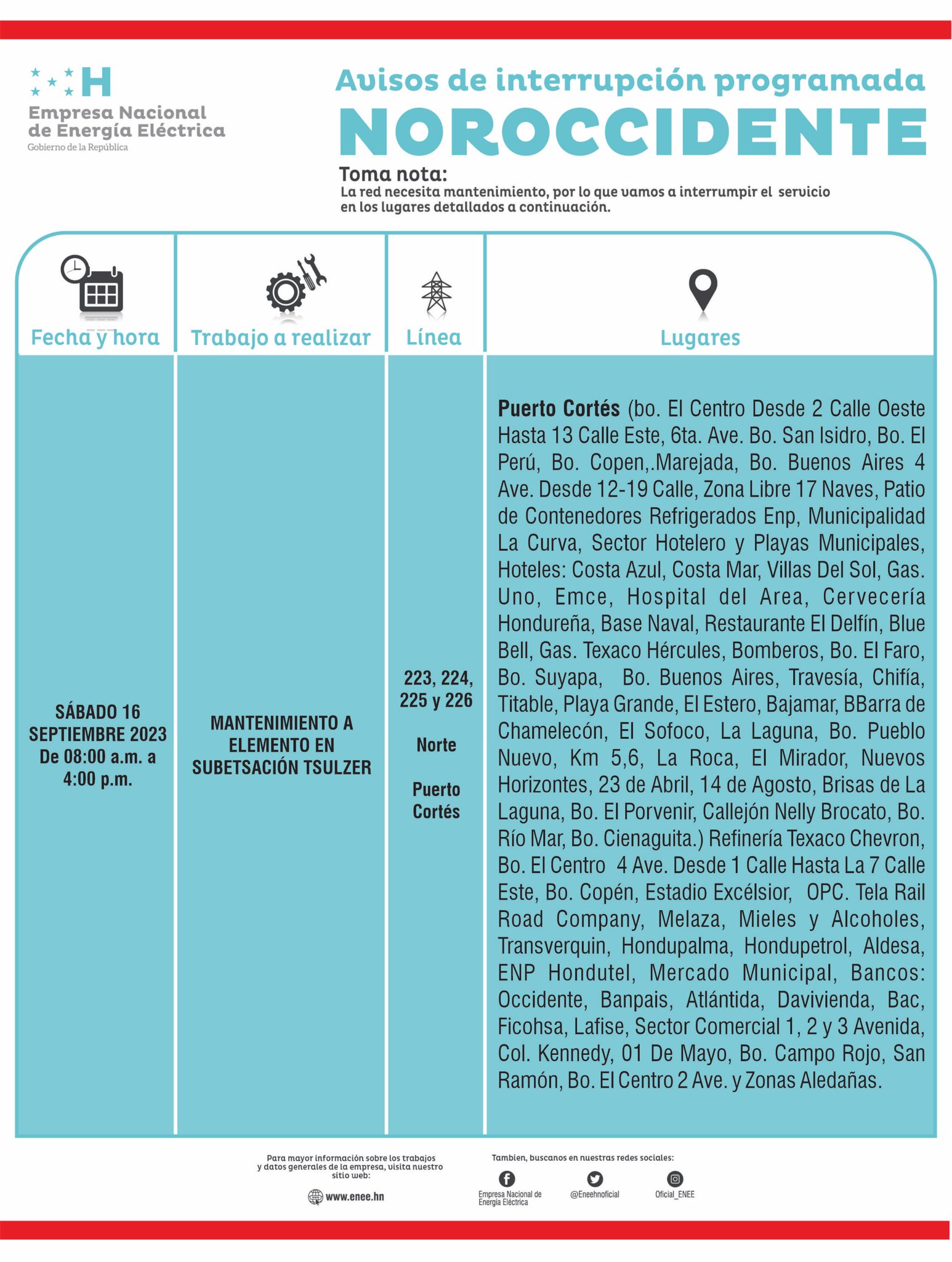 Cortes de energía programados para este sábado 16 de septiembre. Foto: CND