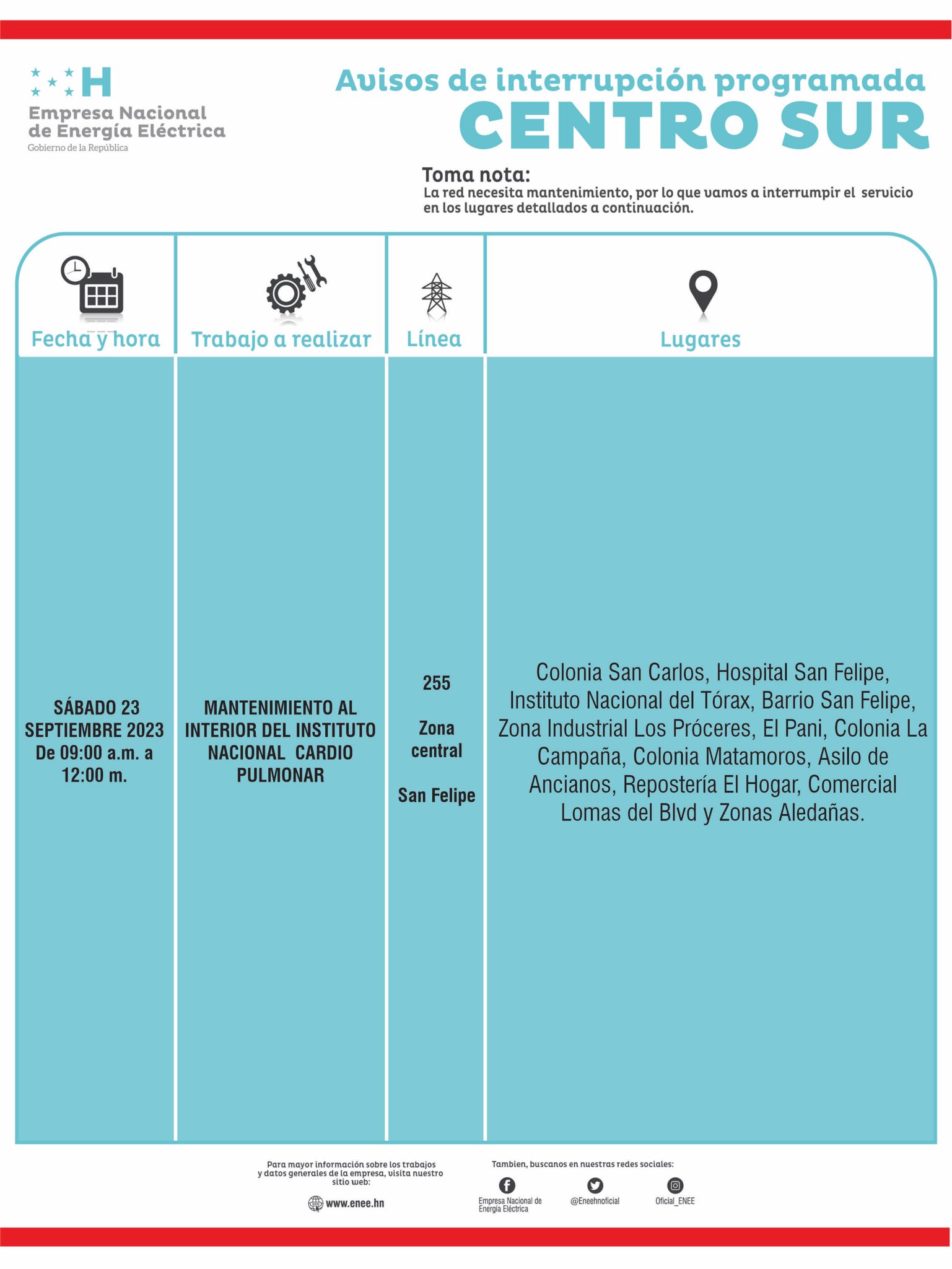 Cortes de energía programados para este sábado en Tegucigalpa. Foto: CND