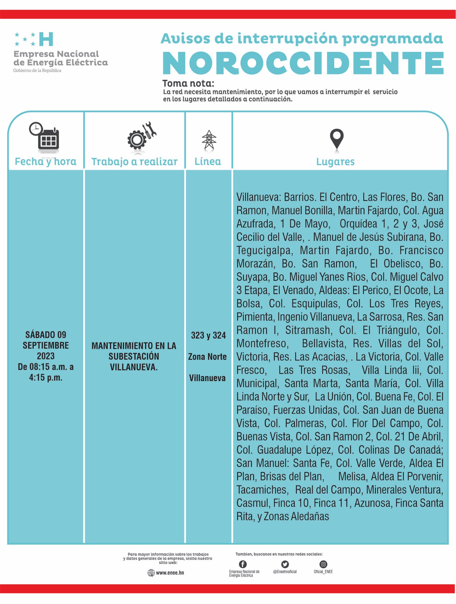 Zonas que no tendrán energía este sábado en el norte de Honduras. Foto: CND