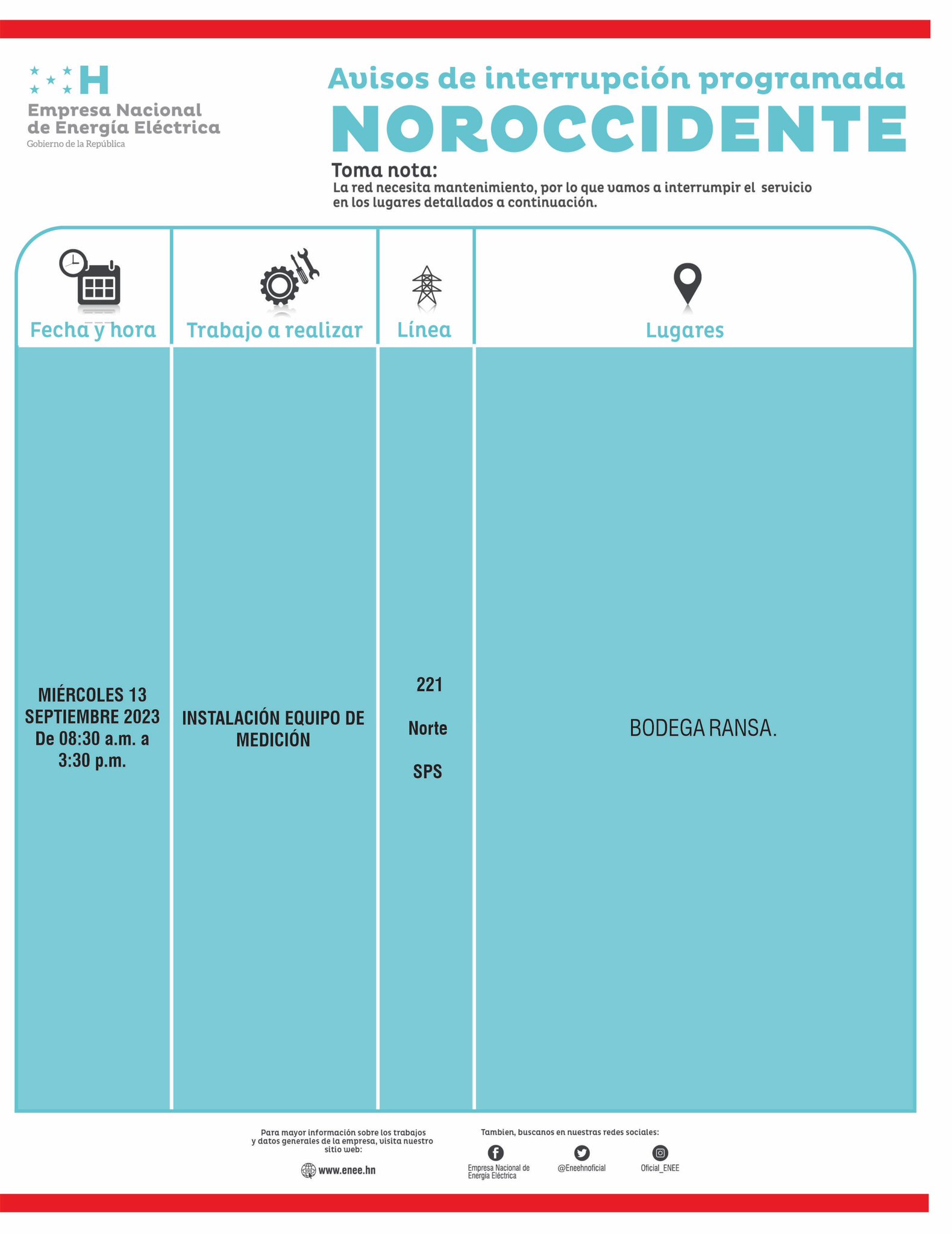 Cortes de energía programados para este miércoles en San Pedro Sula. Foto: CND