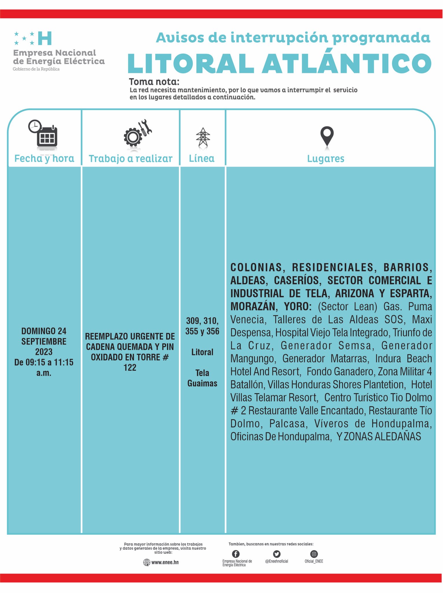 Cortes de energía programados en Tela este domingo 24 de septiembre. Foto: CND