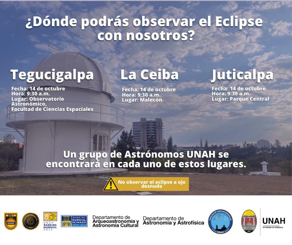 Lugares donde podrás ir presencialmente para disfrutar del eclipse solar con la UNAH. Foto: Presencia Universitaria