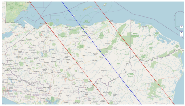 Zonas de Honduras en las que se presenciará el eclipse solar (en rojo el eclipse anular y en azul el parcial). Foto: UNAH