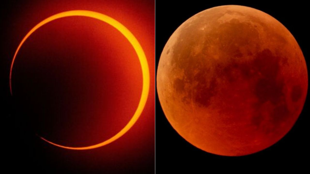A la izquierda, un eclipse solar; a la derecha, un eclipse lunar. Foto: Diseño HRN