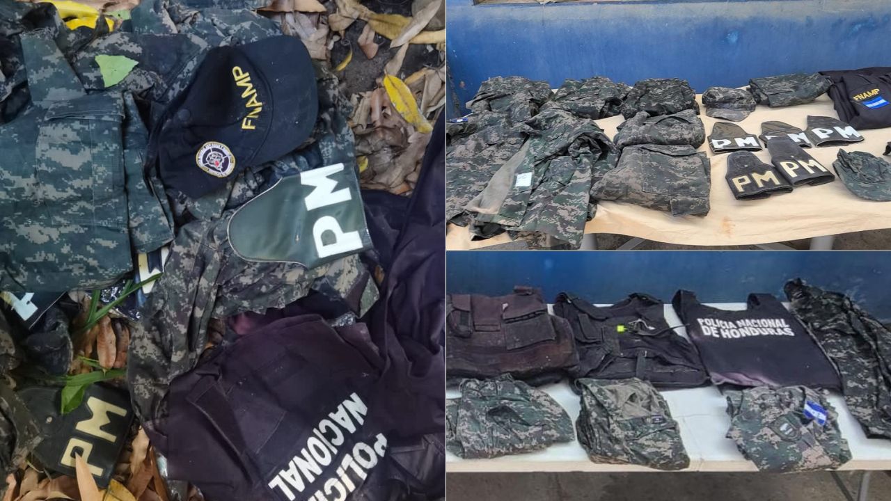 Indumentaria militar decomisada a la pandilla 18 este sábado. Foto: Diseño HRN / Policía Nacional