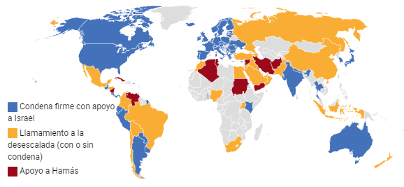 Países que se han mostrado a favor, en contra y neutrales ante los ataques de Hamás a Israel. Foto: El Grand Continental