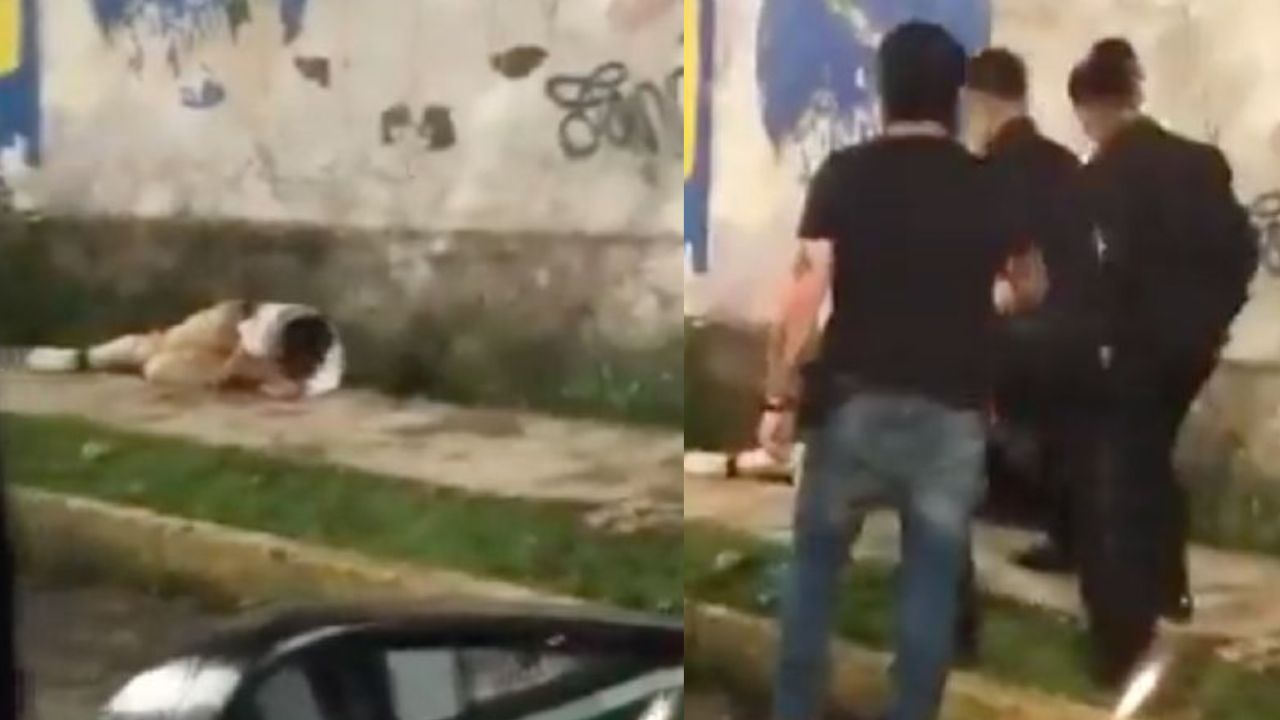 ¿No pagó la cuenta? Captan a  meseros golpeando a un hombre frente a una iglesia