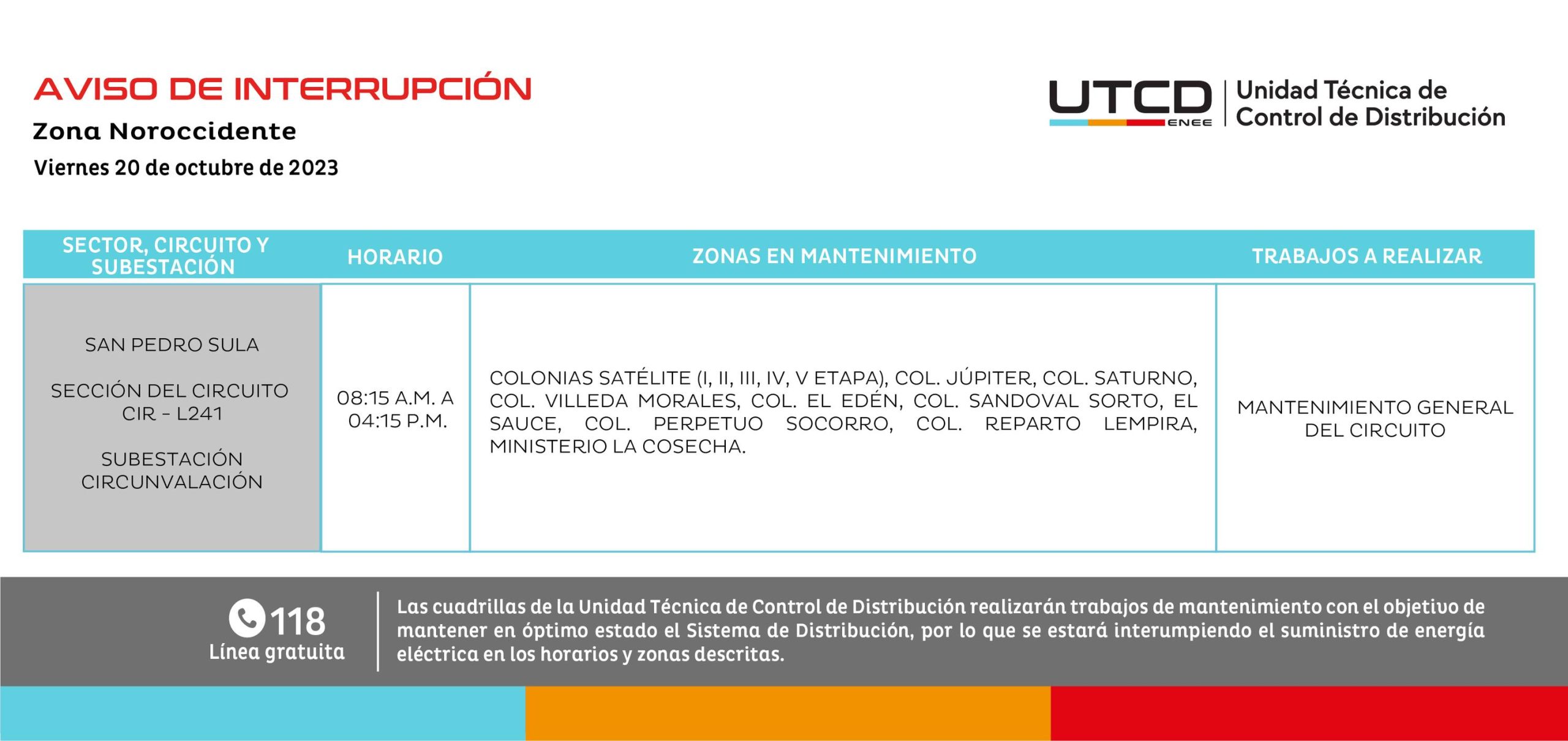 Cortes de energía programados por la ENEE para este viernes. Foto: UTCD