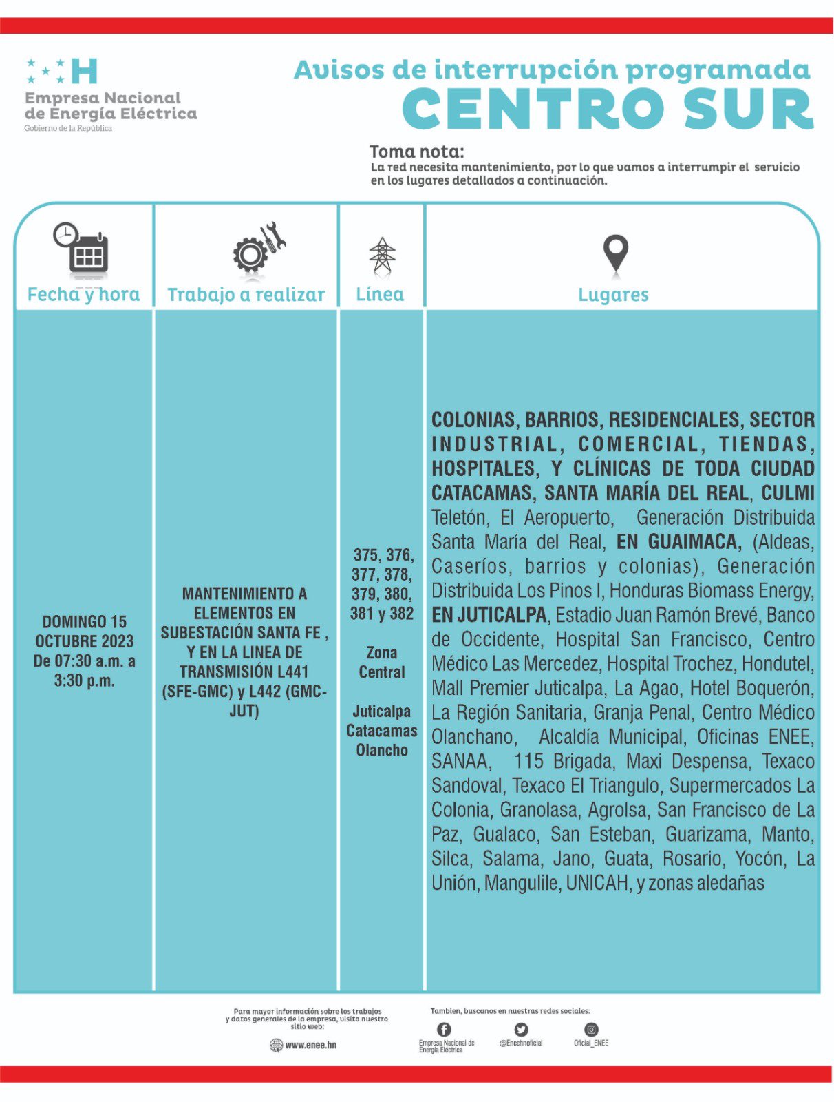 Cortes de energía programados para este domingo 15 de octubre en el centro de Honduras. Foto: CND