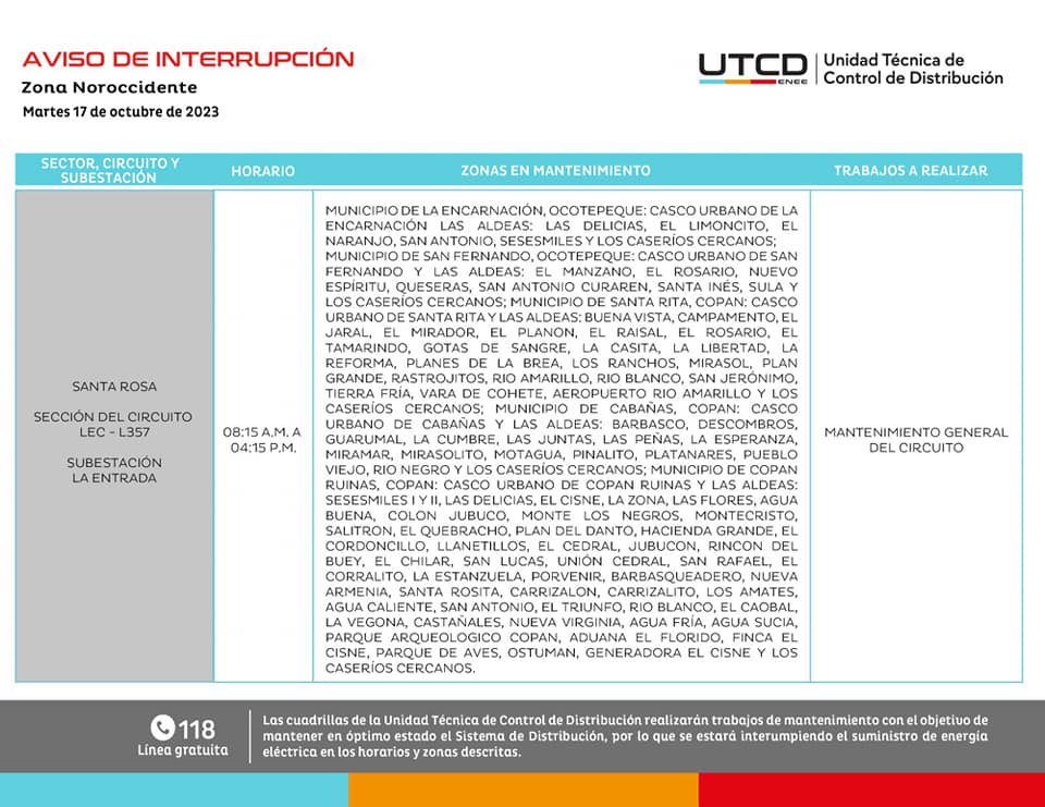 Segundo corte de energía programado para este martes. Foto: UTCD