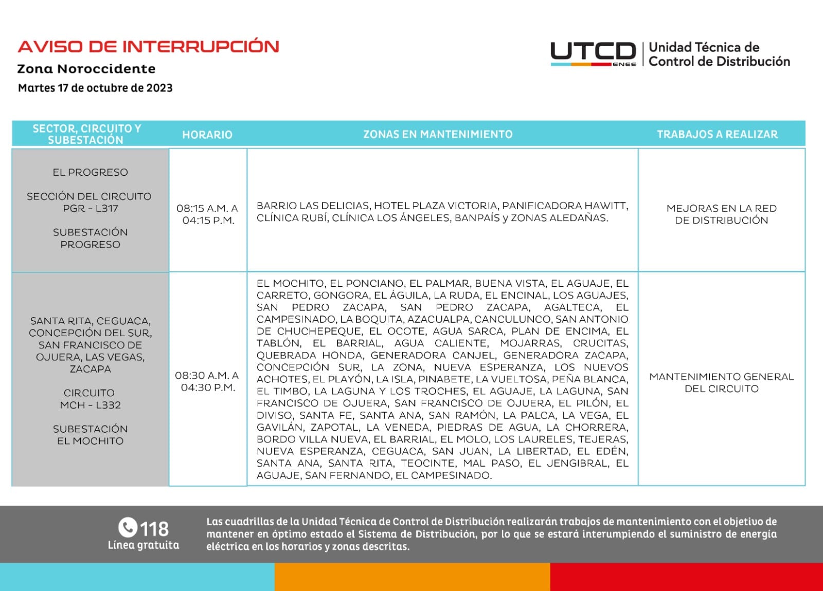 Últimos cortes de energía programados por la ENEE para este martes. Foto: UTCD