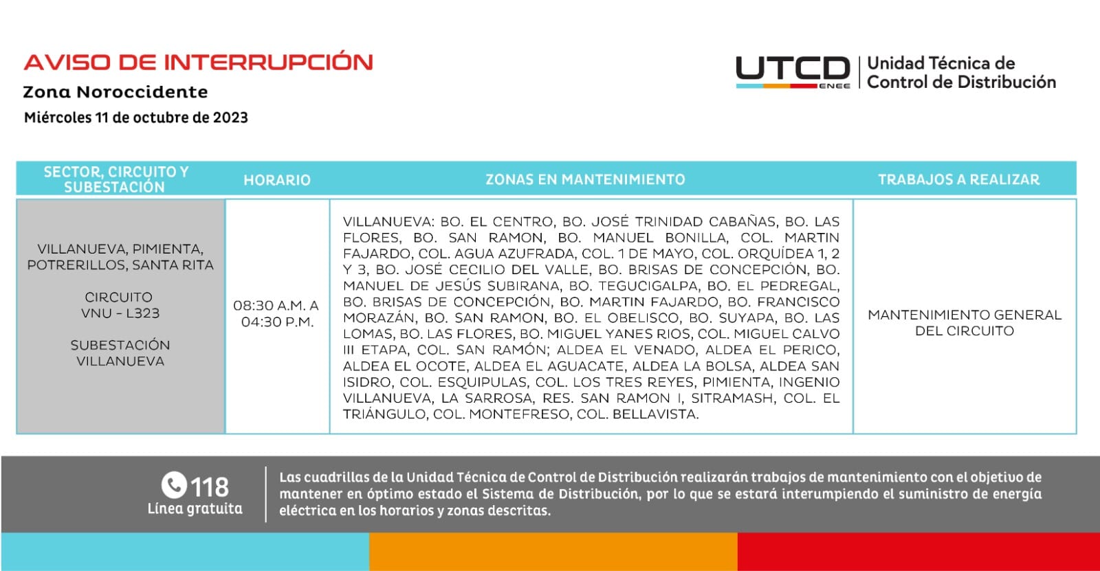 Primeros cortes de energía programados para este miércoles 11 de octubre. Foto: UTCD