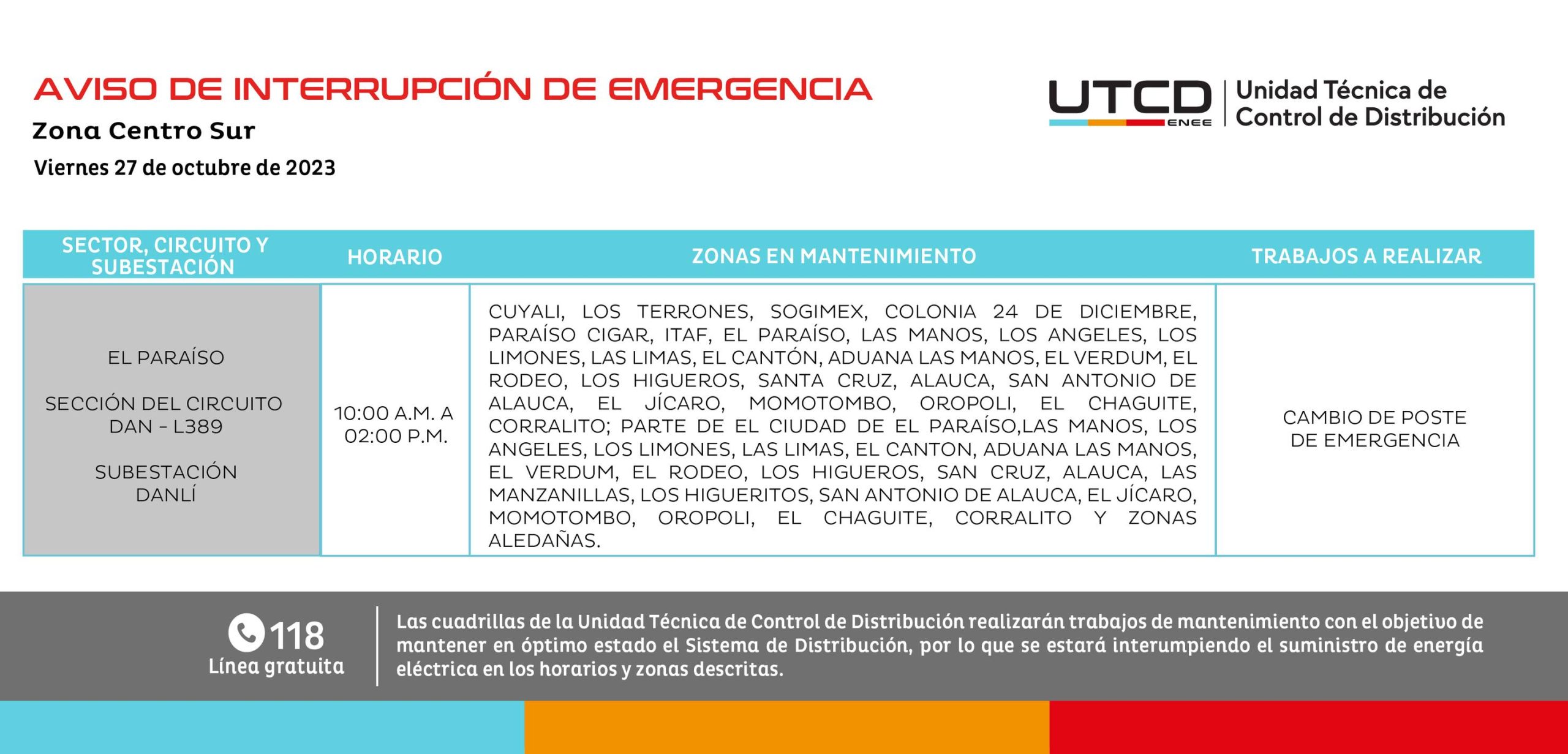 Cortes de energía programados para este viernes 27 de octubre en El Paraíso. Foto: UTCD