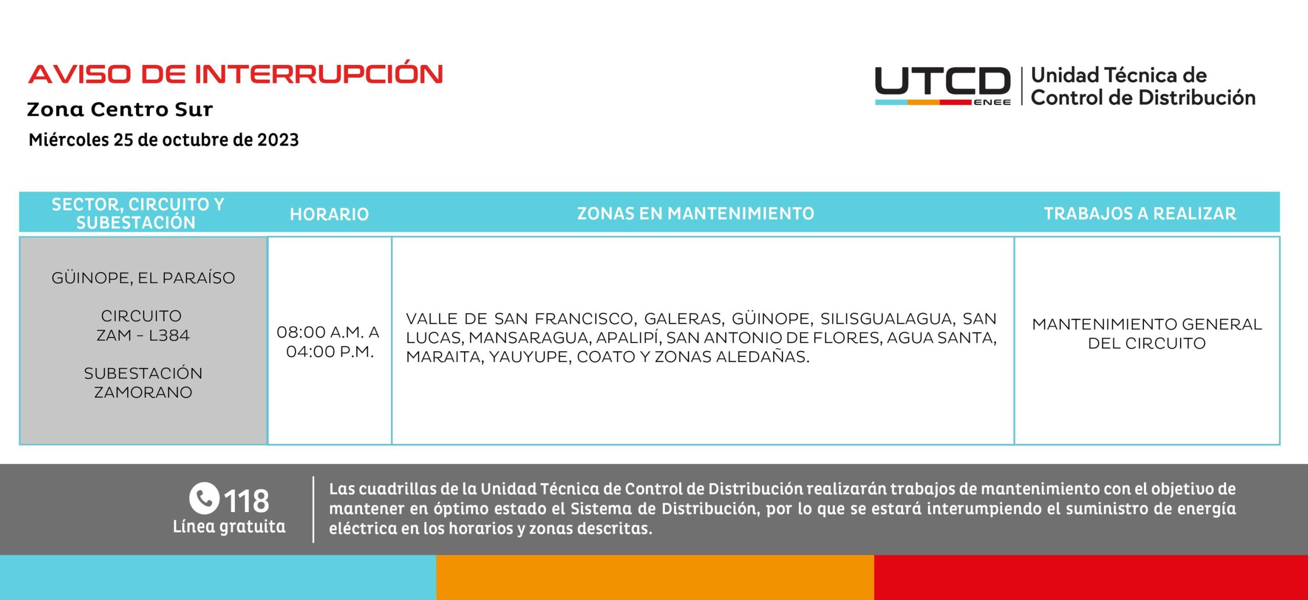 Cortes de energía programados para este miércoles en Güinope, en El Paraíso. Foto: UTCD