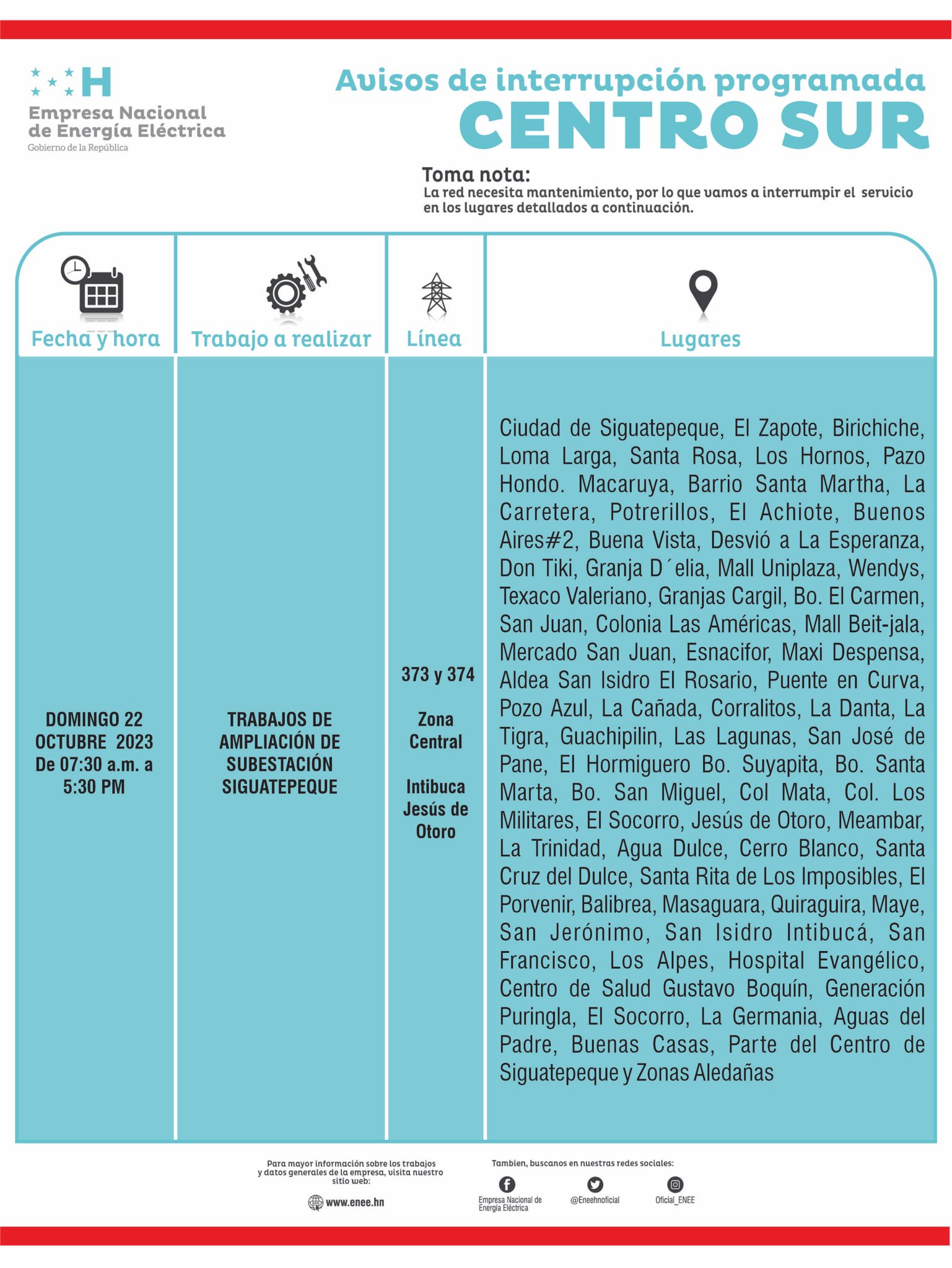 Cortes de energía programados para este domingo en Intibucá y Jesús de Otoro. Foto: CND
