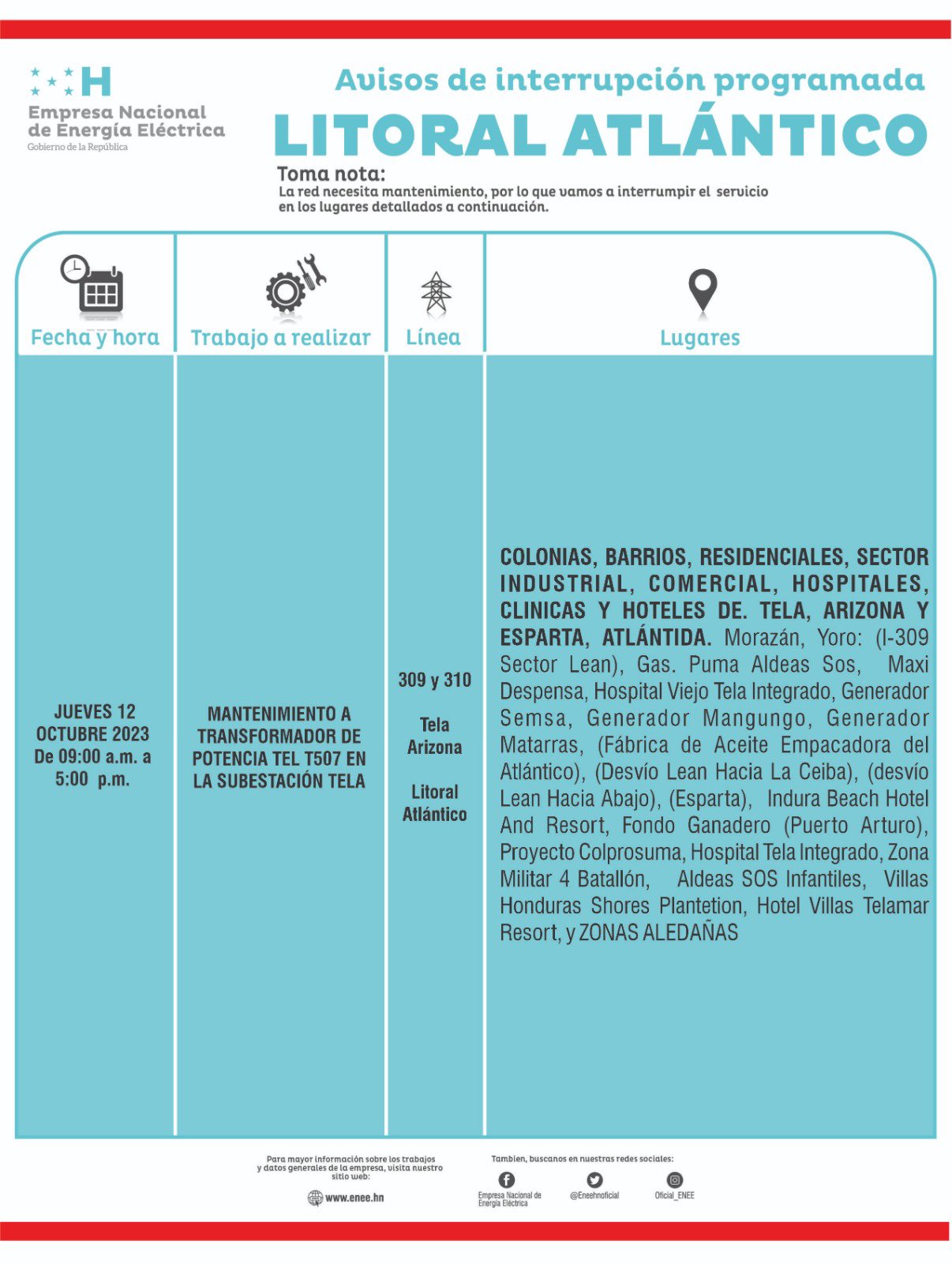 Cortes de energía programados para este jueves 12 de octubre. Foto: CND