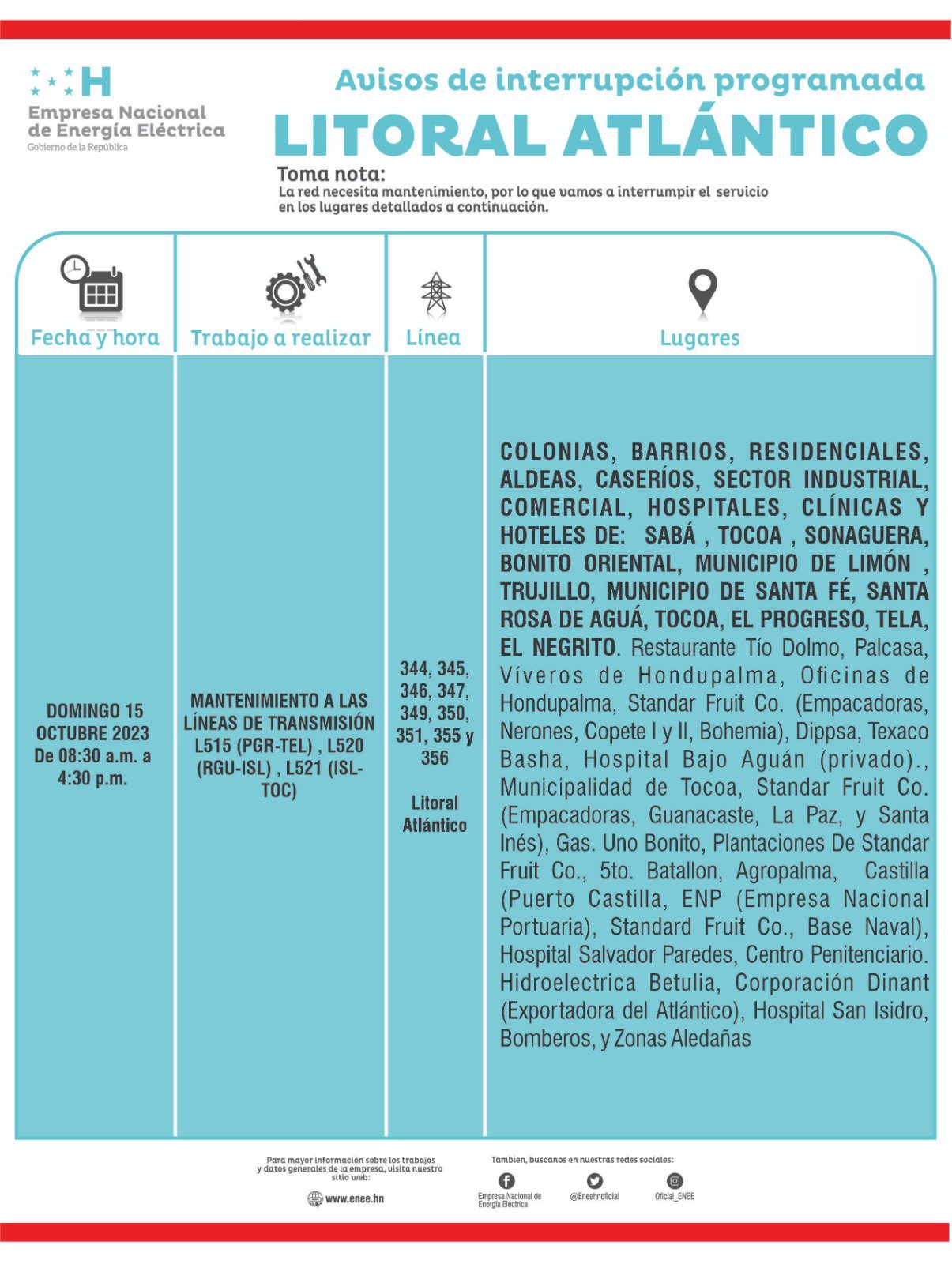 Cortes de energía programados para este domingo 15 de octubre en el litoral atlántico de Honduras. Foto: CND