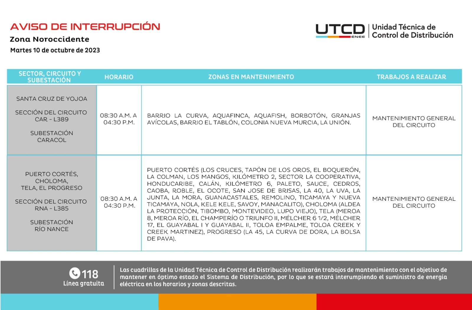 Cuatro de los cinco cortes de energía programados para este martes 10 de octubre. Foto: UTCD
