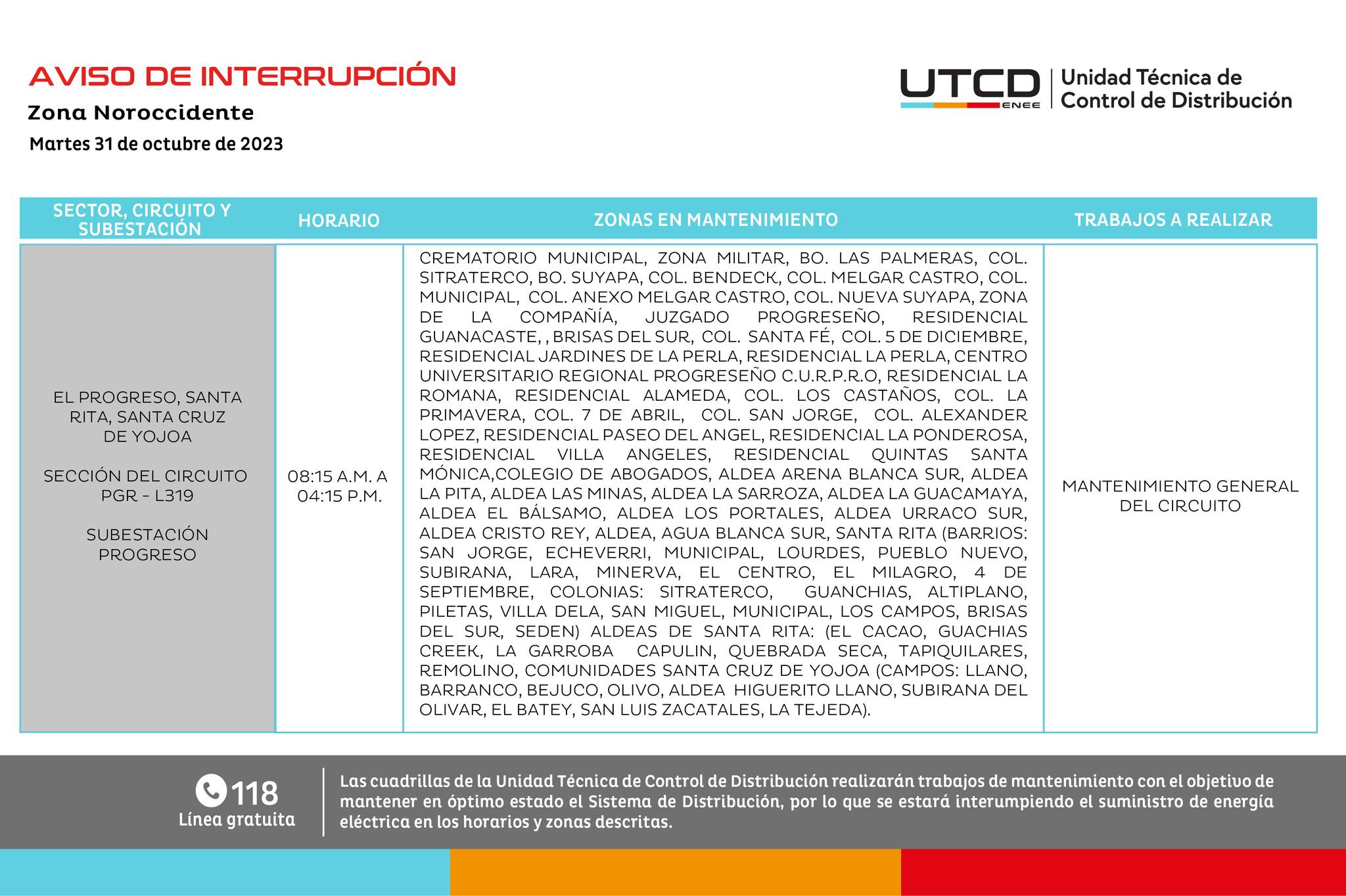 Cortes de energía programados para este martes 31 de octubre en Honduras. Foto: UTCD