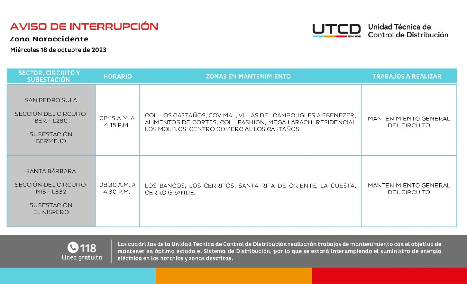 Cortes de energía programados para este miércoles 18 de octubre. Foto: UTCD