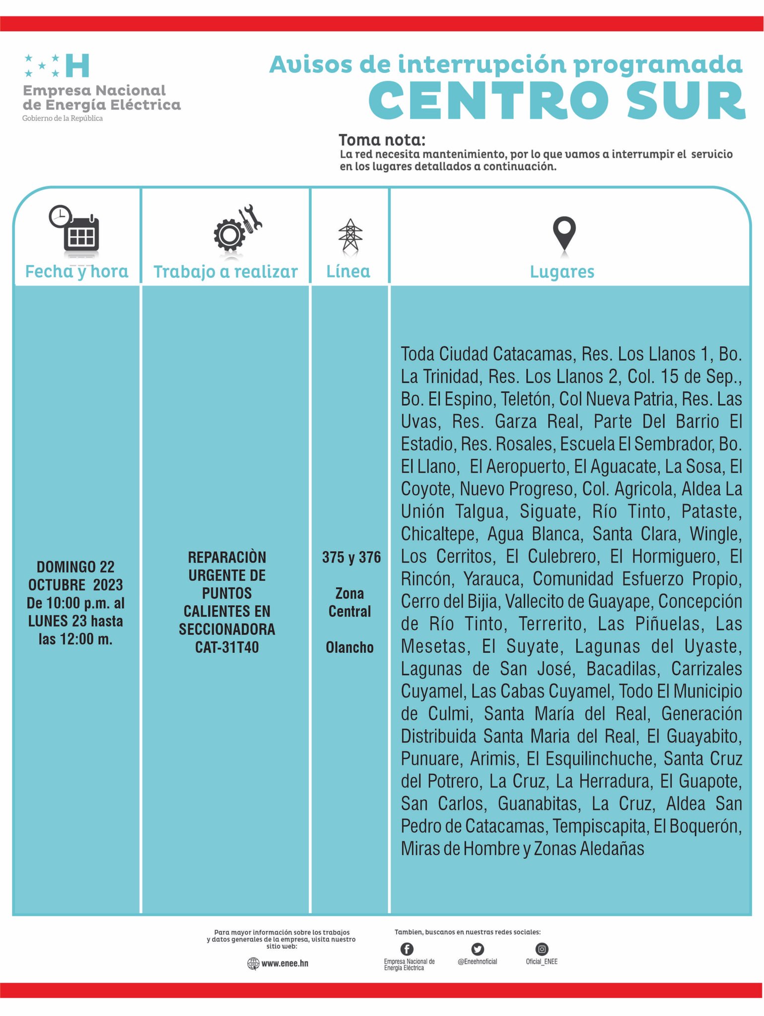 Cortes de energía programados para este domingo en Olancho. Foto: CND